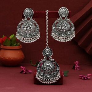 Silver Color Peacock Design Oxidised Earrings Tikka Set